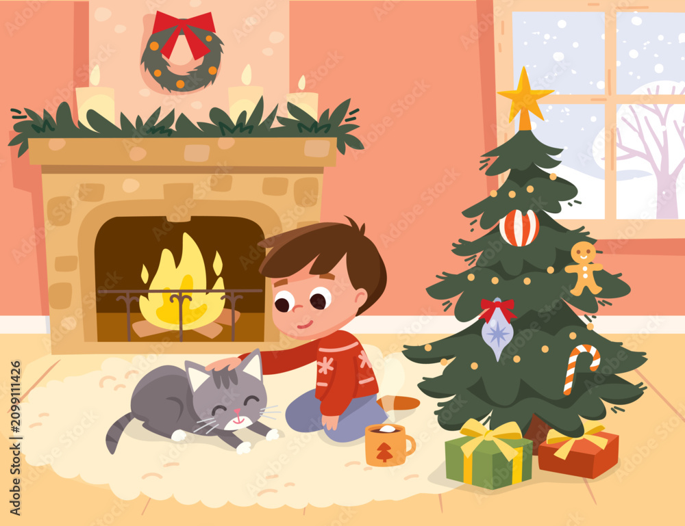 Obraz premium Little boy next to Christmas tree with hot chocolate petting cat. Behind the windows winter and snowfall. Fire is burning in fireplace with Xmas decoration. Christmas presents gifts under Xmas tree