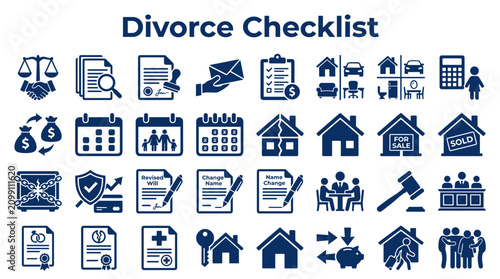 Fotografi Divorce checklist icons showing legal documents, family, finance, property, and court proceedings for separation and legal separation process
