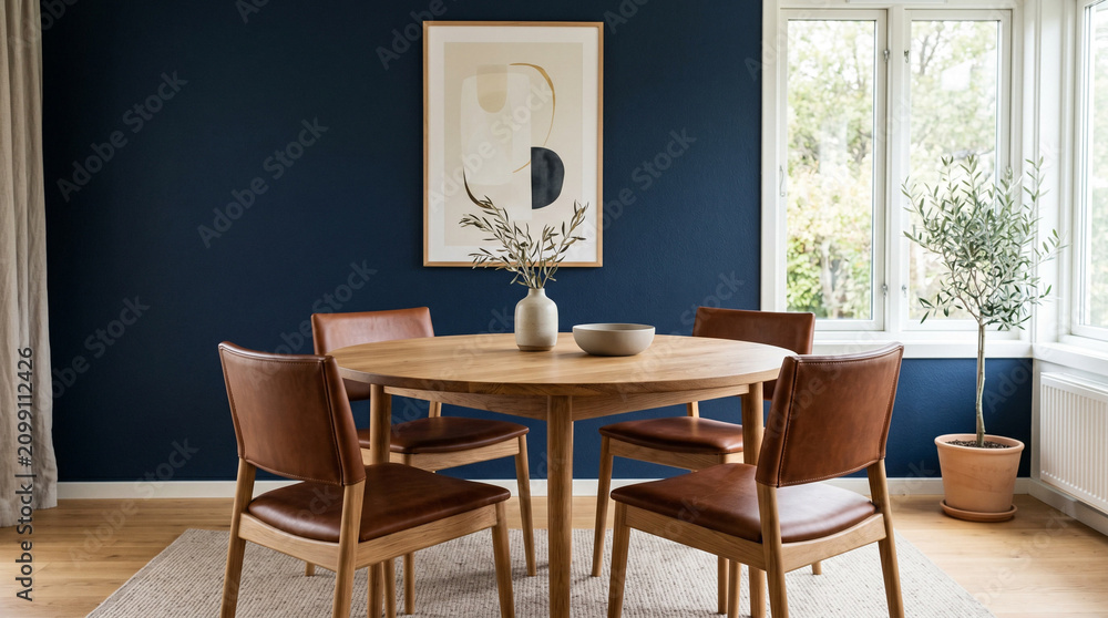 Fototapeta premium Modern dining room with wooden table and blue wall.