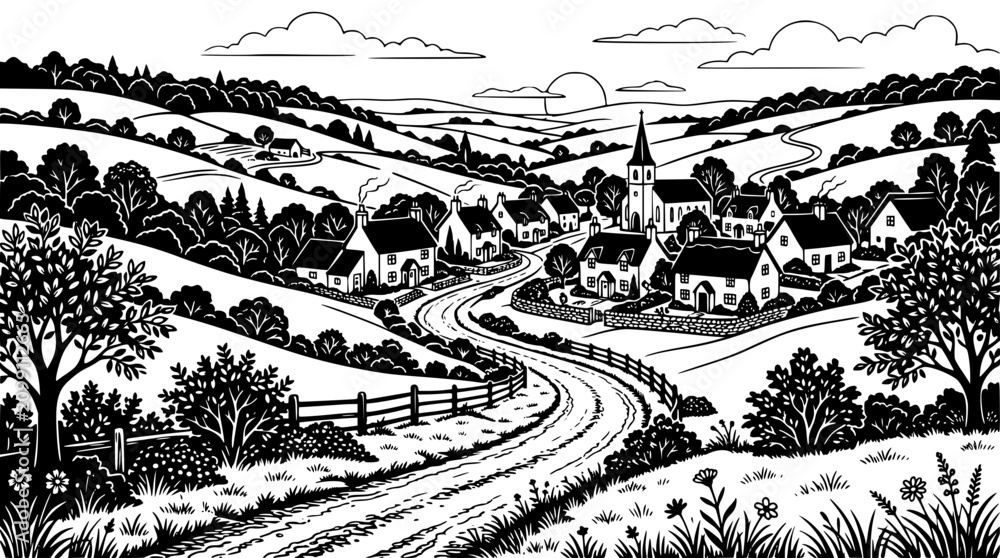 Fototapeta premium Black and White Rural Village Landscape Illustration in Woodcut Style