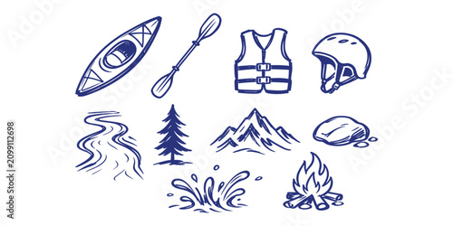 kayaking rafting outdoor element collection hand drawn doodle icon set vector illustration