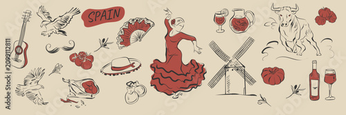 Obraz na plátně Hand drawn spain travel collection with traditional culture and iconic landmarks