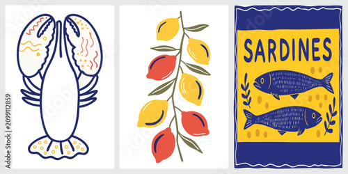 Mediterranean tinned seafood vector poster set with canned blue sardines lobster line art and fresh lemon citrus branch.