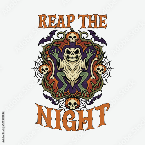 Halloween skeleton design. Reap the night graphic