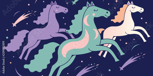 Cuadro en lienzo Magical cosmic horses vector illustration with galloping celestial ponies shooting stars and crescent moons on starry night background