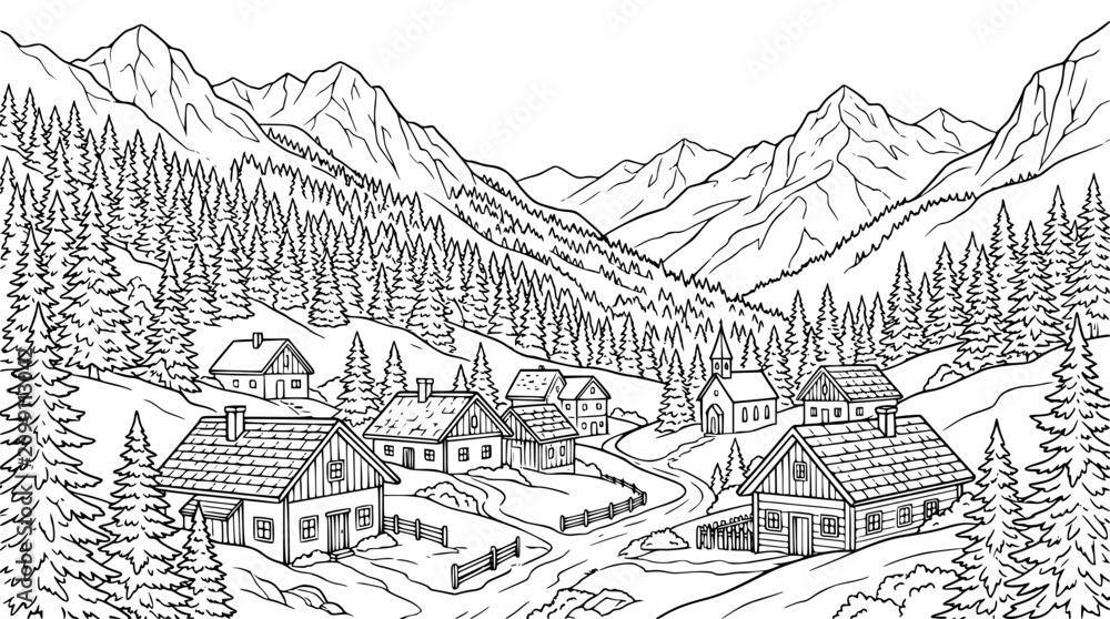 Obraz premium Mountain Village in Alpine Valley Landscape Coloring Page