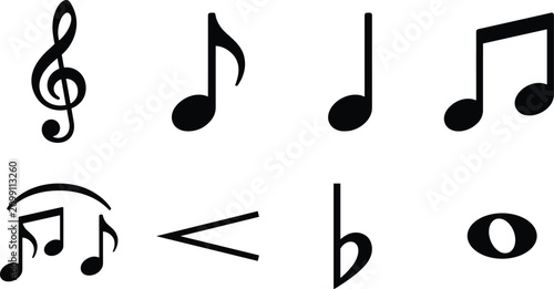 Bilde på lerret Silhouette Illustrations of Musical Notation Symbols Including Treble Clef, Note