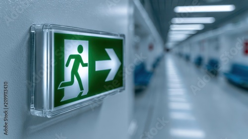 Illuminated emergency exit sign with a running figure and arrow in a corridor, indicating evacuation direction.