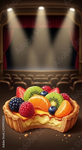 Colorful Fruit Tart with Fresh Berries on Stage.
