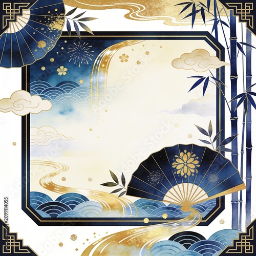 青い扇子と竹、花火を描いた金彩の夏和柄フレーム背景