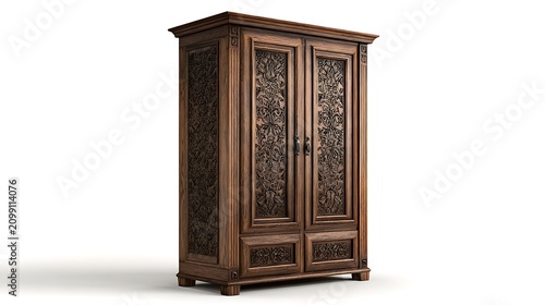 Antique carved wooden wardrobe cabinet isolated on white background.