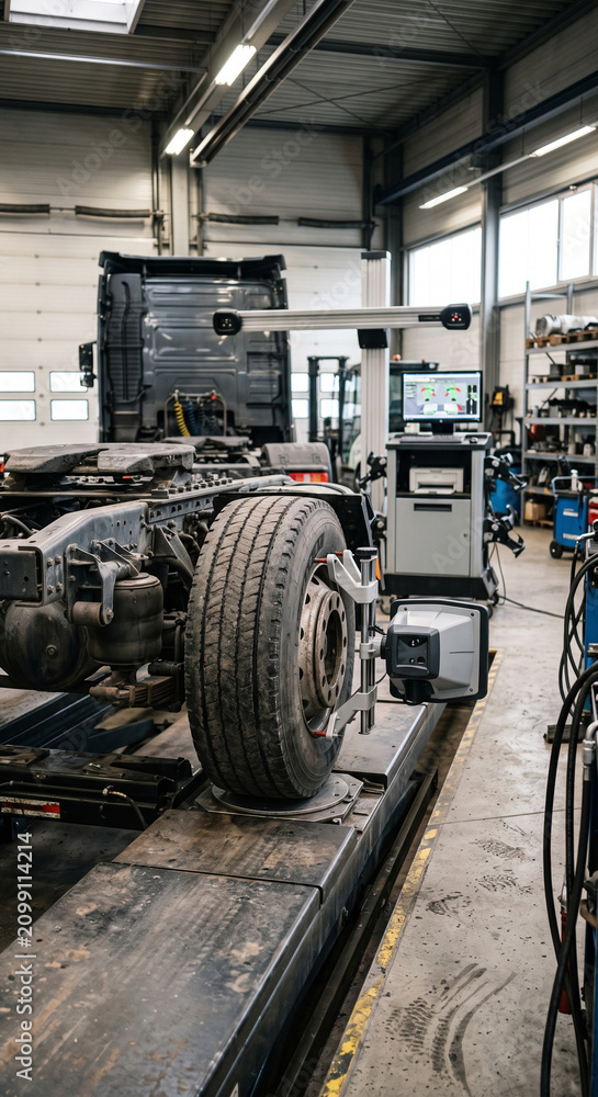 Fototapeta premium Heavy truck wheel and axle positioned over a service pit in an industrial garage with tools nearby for commercial vehicle maintenance