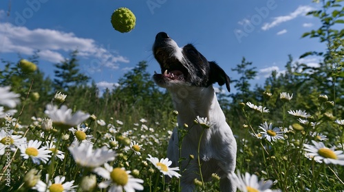 A playful black and white dog leaps to catch a green ball amidst blooming daisies under a clear blue sky