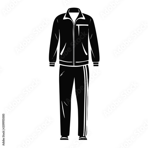 Black tracksuit jacket pants illustration, athletic apparel set includes full zip jacket, long pants with side stripes. Modern sportswear tracksuit jacket pants ideal for design templates