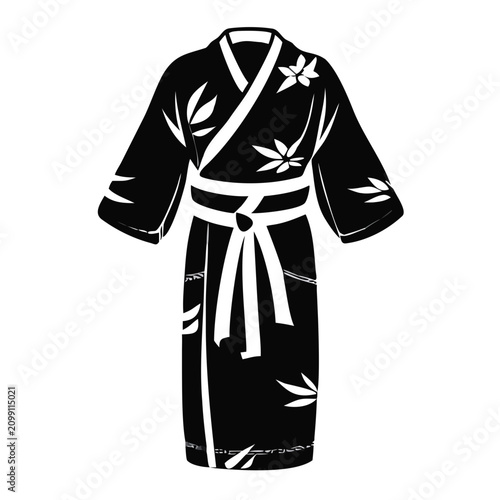 Black traditional kimono illustration with floral design and obi sash. Traditional kimono garment features wide sleeves and intricate patterns, showcasing Japanese fashion.