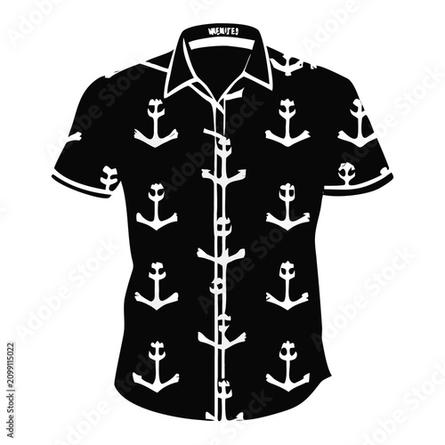 Stylish black anchor print shirt with white nautical anchor pattern. This casual short sleeve anchor print shirt features button up design, perfect for summer fashion.