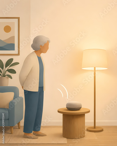 Senior woman using voice assistant smart speaker in living room