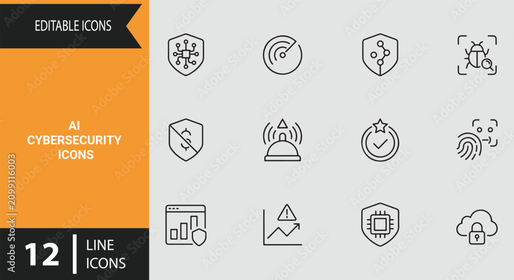 Fototapeta premium Artificial Intelligence Cybersecurity Outline Icons for Digital Network Protection Threat Detection and Safety