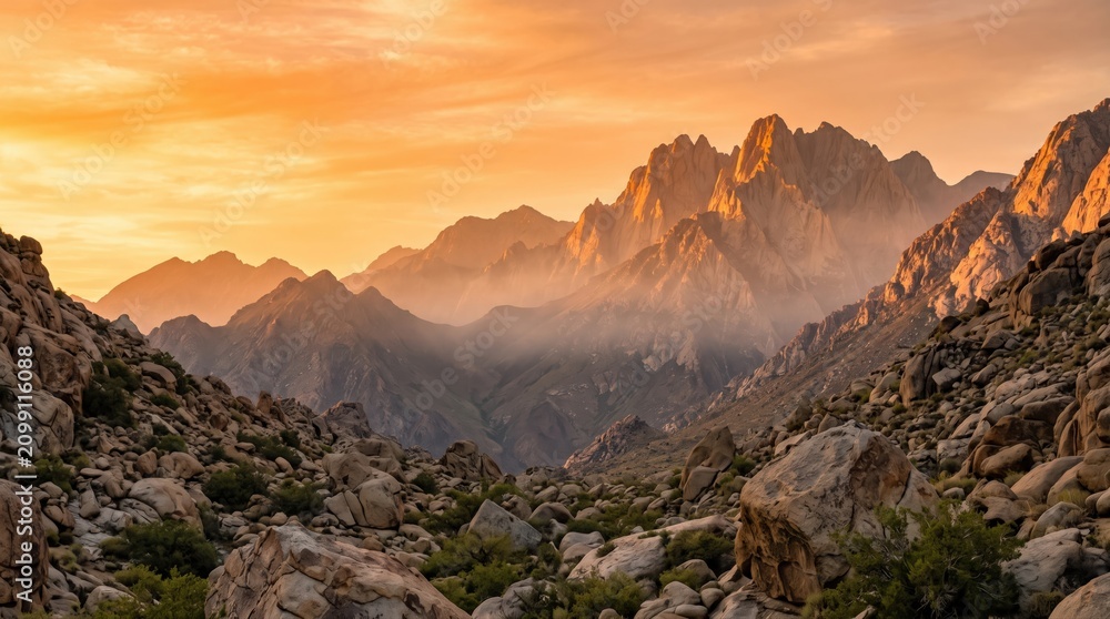 Obraz premium Golden light bathes majestic rugged mountain peaks and a vast rocky desert valley at sunset. Evokes adventure, exploration, and serene wilderness beauty.