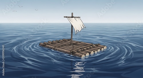Floating Raft with Sailboat in Open Water.