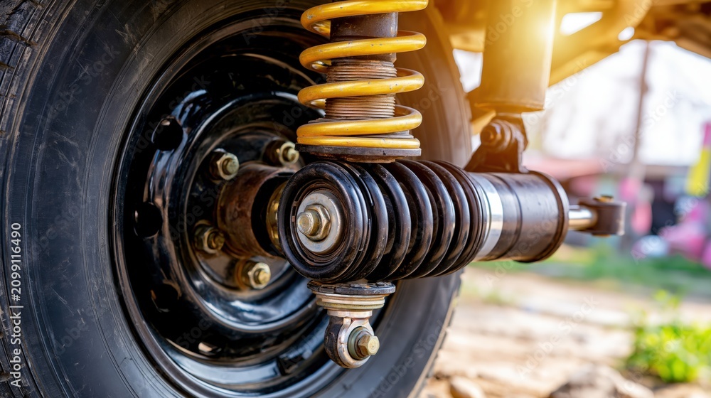 Fototapeta premium Closeup of a vehicles suspension system with a tire.