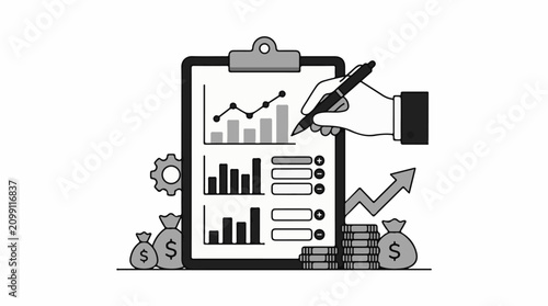 A hand in a suit is writing on a clipboard with graphs and money