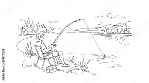 Photography Man Fishing by Lake, Relaxing Summer Day, Outdoor Hobby, Line Drawing Illustrati