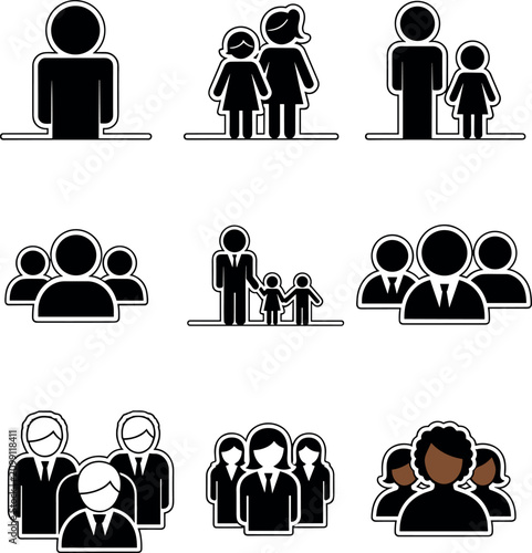 Fotografía Minimalist icons depicting happy families and professional teams in bright flat lighting set against a white background