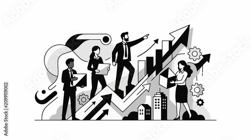 Business team climbs graph to success amidst abstract shapes and city
