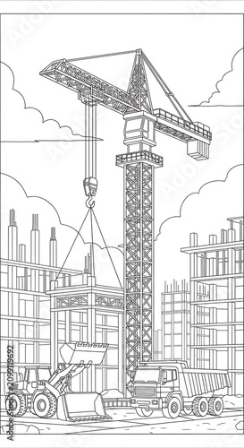 Construction Crane Tower at Urban Building Site.