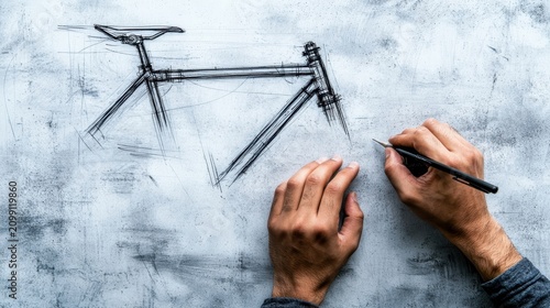 Professional industrial designer sketching bicycle frame concept art illustration on textured paper surface