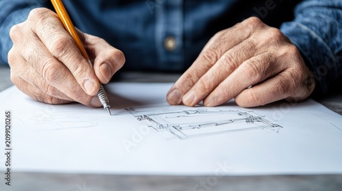 Architect hand sketching detailed floor plan design concept for professional construction drafting project close up view