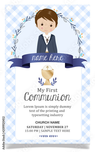 First communion boy. Child with communion dress and flower frame, in blue tones