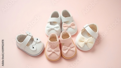 Adorable baby shoes neatly arranged on a pastel-colored background, creating a sweet and gentle nursery scene.