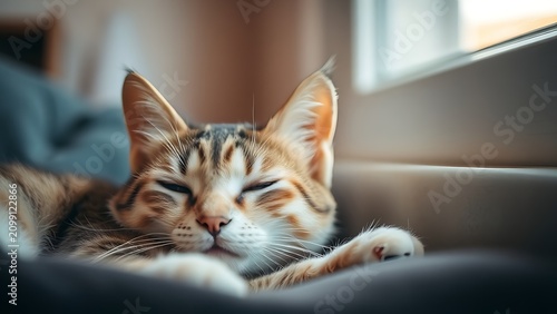 Content cat resting peacefully, close-up portrait with soft window light and cozy interior.