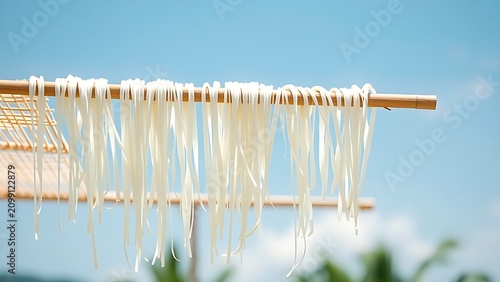 Thin white noodles drying on a bamboo mat against a summer sky.