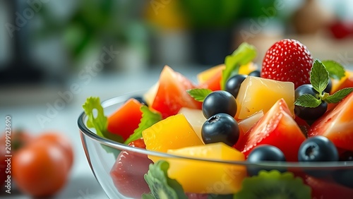 Vibrant fresh fruit salad bowl bathed in natural light, showcasing colorful ingredients.