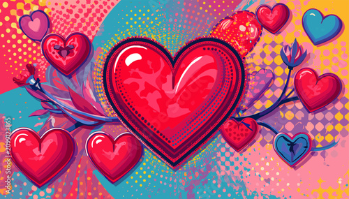 Bild auf Leinwand A vibrant pop art illustration featuring a large central red heart surrounded by numerous smaller hearts in various colors, set against a colorful abstract background with dots and brushstrokes