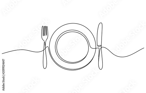 Continuous single line drawing of a plate with a fork and a knife Vector, illustration