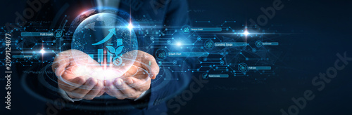Financial Analyst Hand hold Economic Growth and global networking, global market trade expansion profit, international fiscal revenue development investment, macro economy financial prosperity