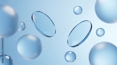 Contact lenses floating in water. Transparent optical lenses with bubbles on blue background.