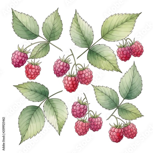 Fresh Raspberries with Green Leaves Illustration for Healthy Food Design.