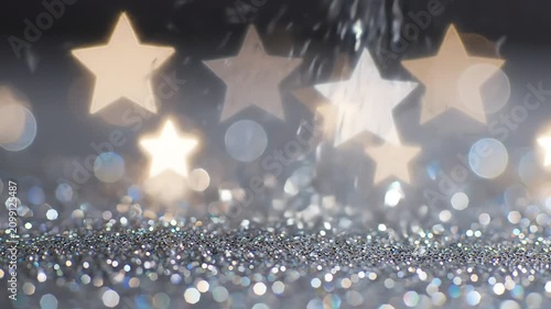 Falling silver glitter on a star sparkles bokeh background