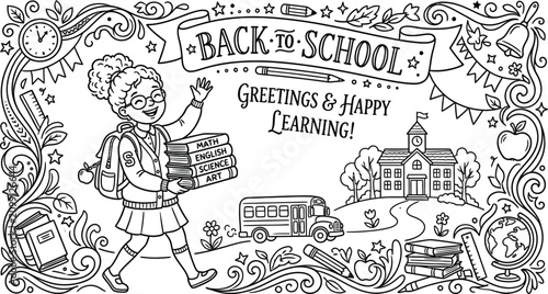Quadro su tela Back to school illustration with student books and school building