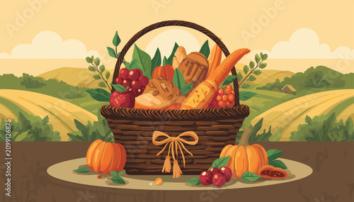Bild auf Leinwand A bountiful harvest basket overflowing with fruits, bread, and vegetables, set against a picturesque autumn landscape