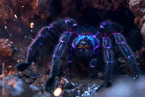 Close-up view of vibrant blue tarantula with glowing hairs in natural habitat