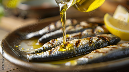 Grilled sardines drizzled with olive oil and lemon on a rustic plate