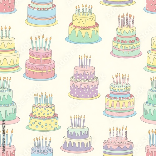 Colorful Birthday Cakes with Candles Pattern Design.