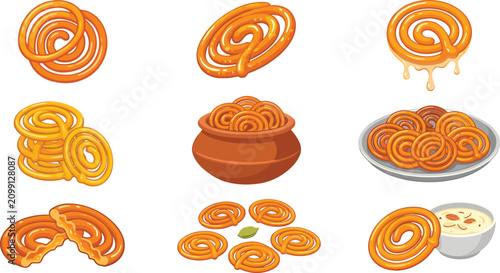 Foto Traditional Indian Jalebi Vector Illustration Set Featuring Crispy Orange Syrupy