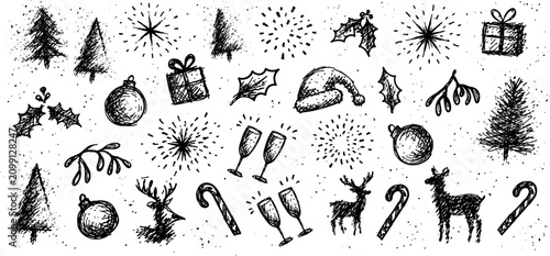 Vintage Hand Drawn Christmas Elements Vector Set, Sketch Winter Holiday Clipart.
